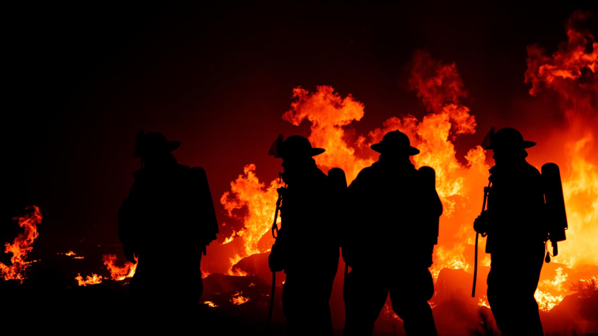 Firefighters silhouetted against flames